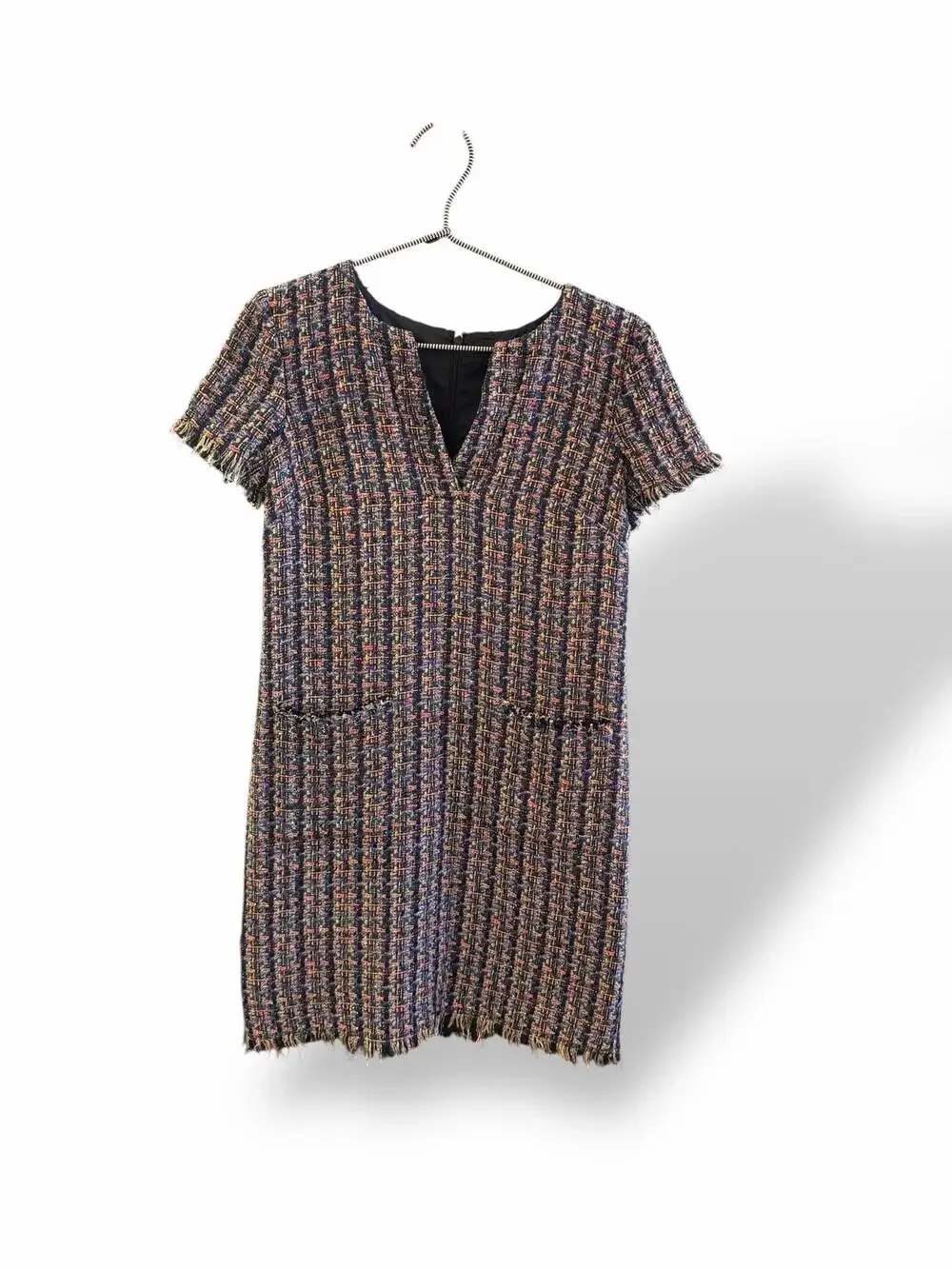 Ann Taylor Multi-Color Tweed V-Neck‎ Shift Dress with Fringe Trim